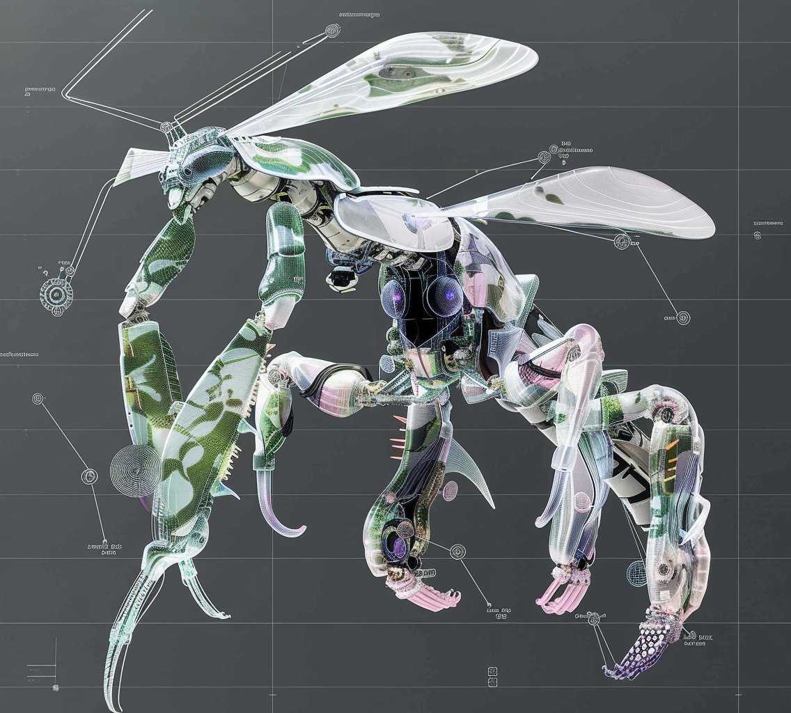 Synthetic insect body rendered on a gray field.