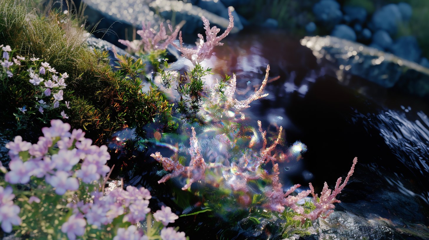 Field detail of flowers, water, and interface traces.
