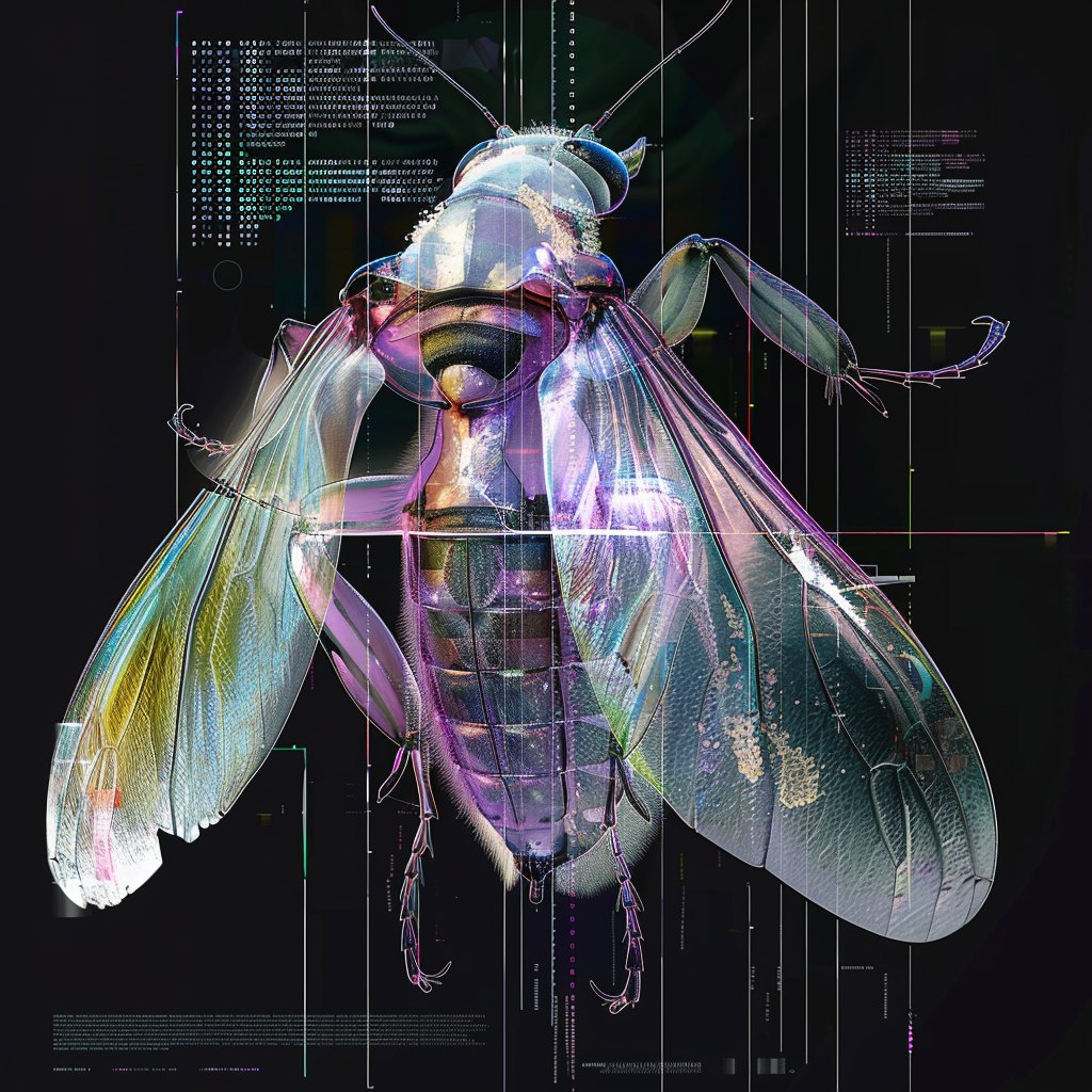 Insect-like synthetic organism over a dark plate.