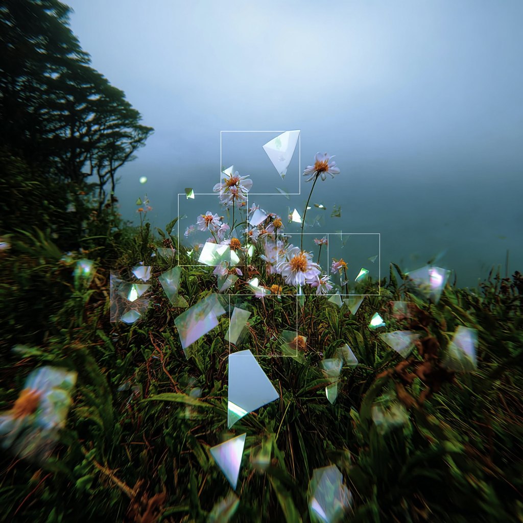 Foggy mountain image with floating white forms.
