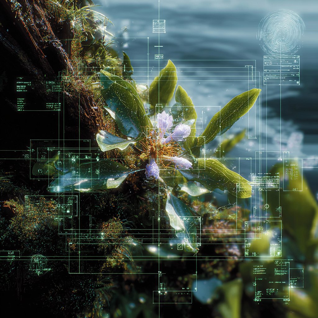 Plant and moss image overlaid with luminous technical interface lines.