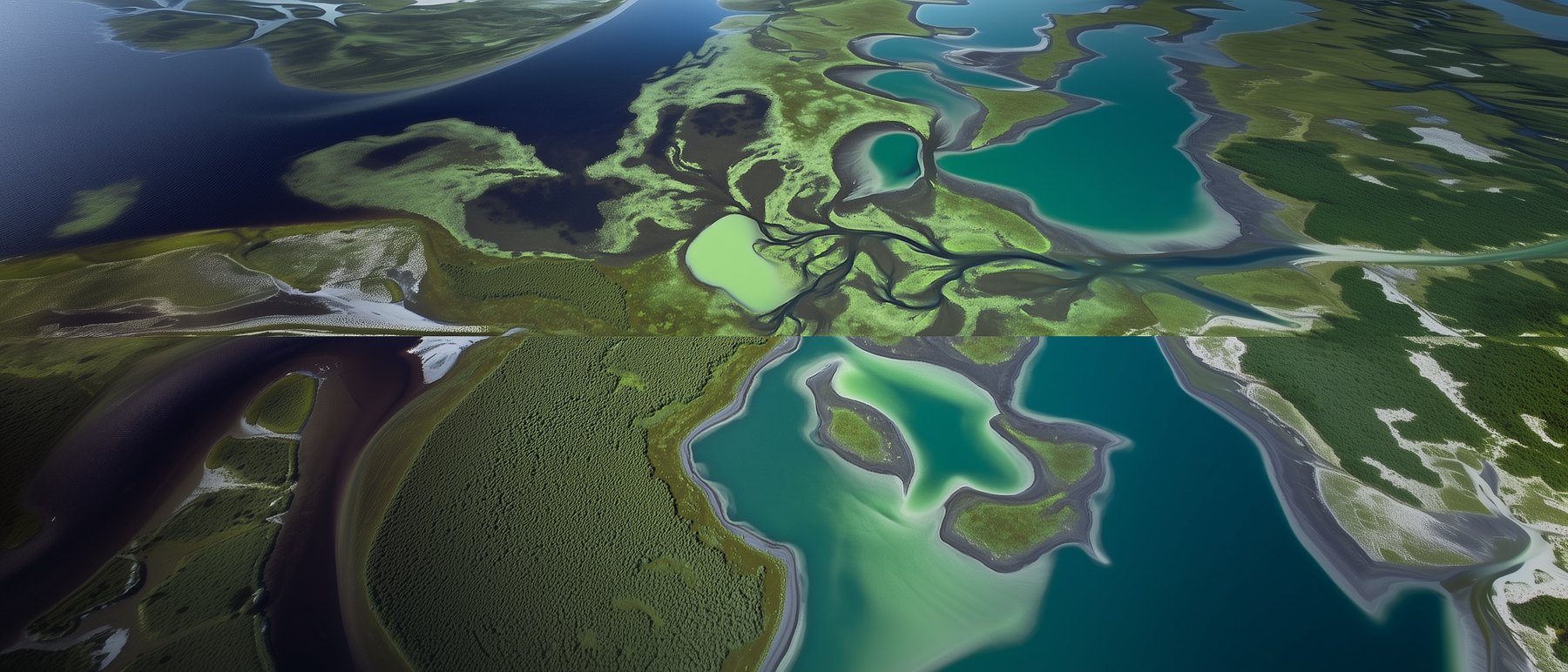 Aerial synthetic landscape with fluid green and blue ecological forms.