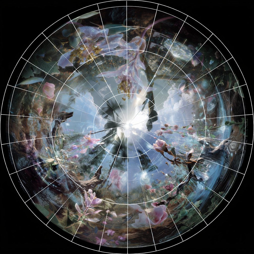 Circular dome projection image with botanical and atmospheric forms.