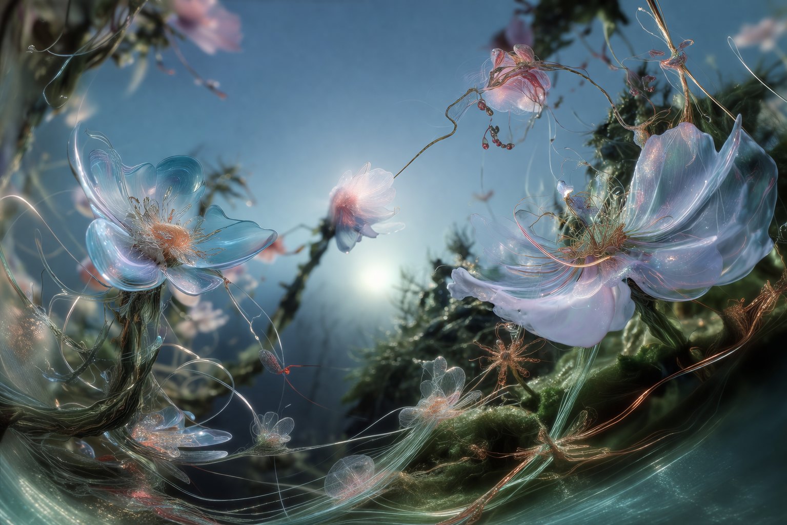 Blue botanical digital field with translucent petals and light.