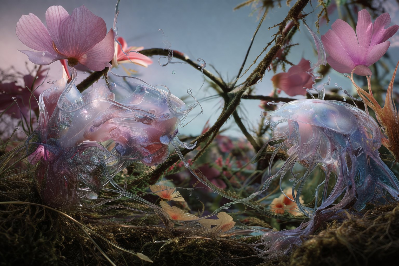 Botanical synthetic environment with glassy spheres.