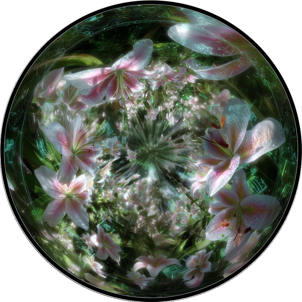 Circular dome frame with dense green and pink texture.