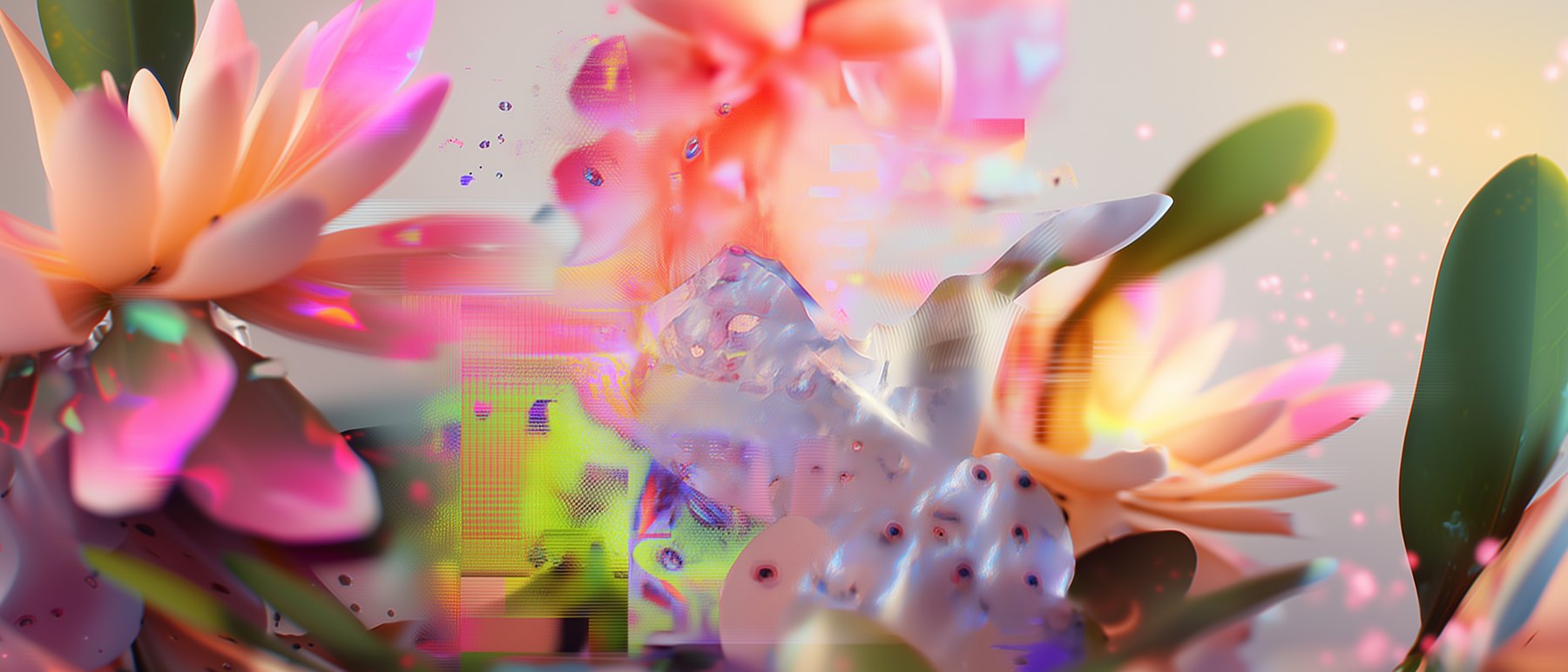 Wide abstract cellular field in pink and yellow.