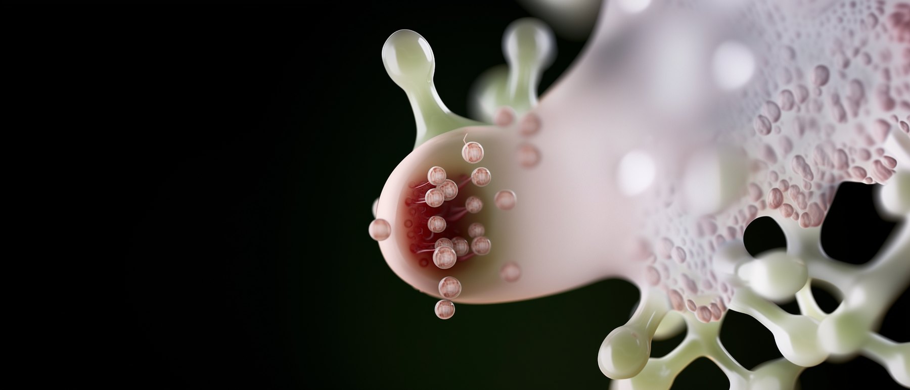 White organism-like pods on dark background.