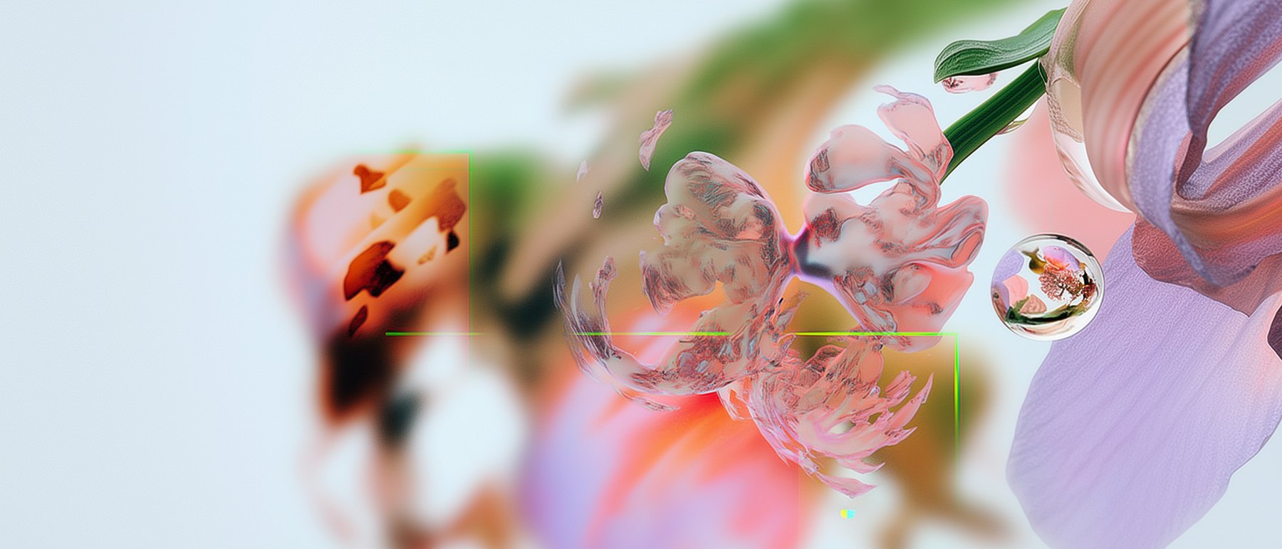 Soft pink and green synthetic floral forms.