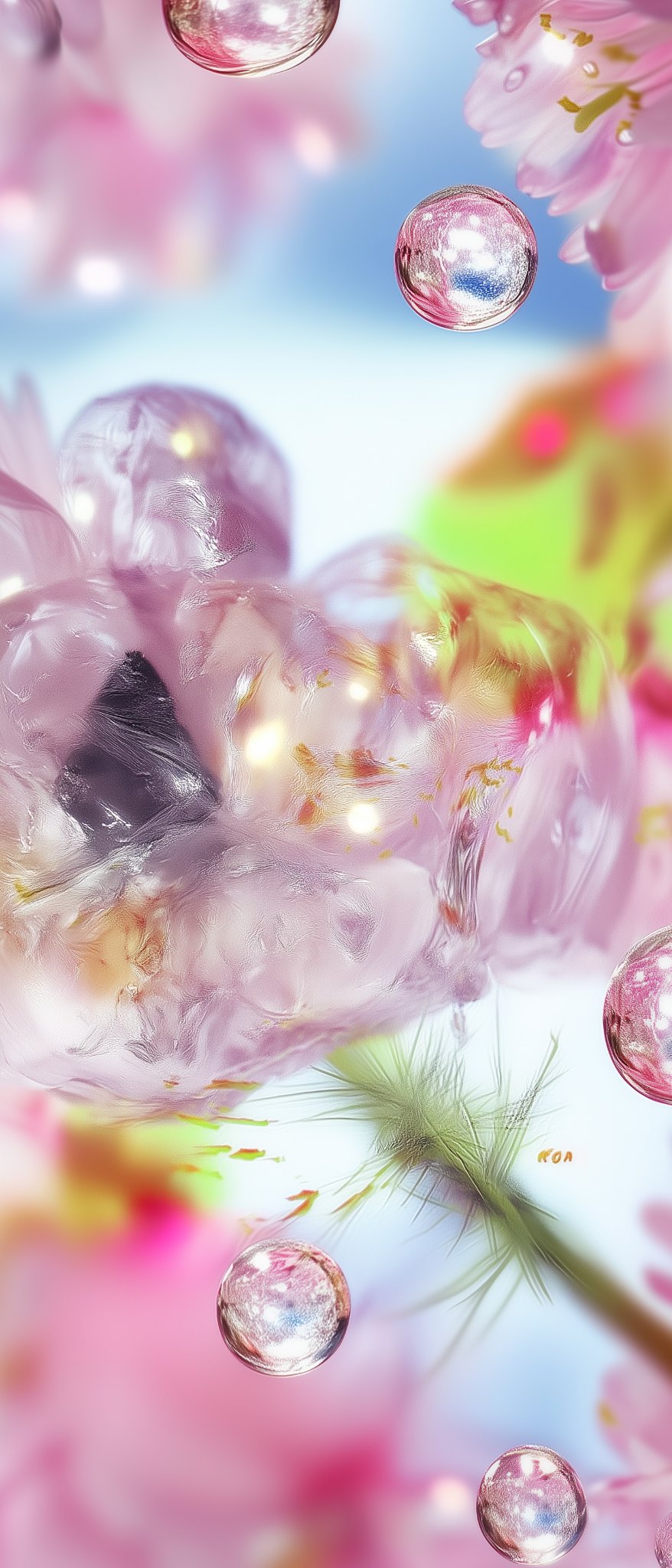 Vertical field of liquid flowers, bubbles, and suspended cellular forms.