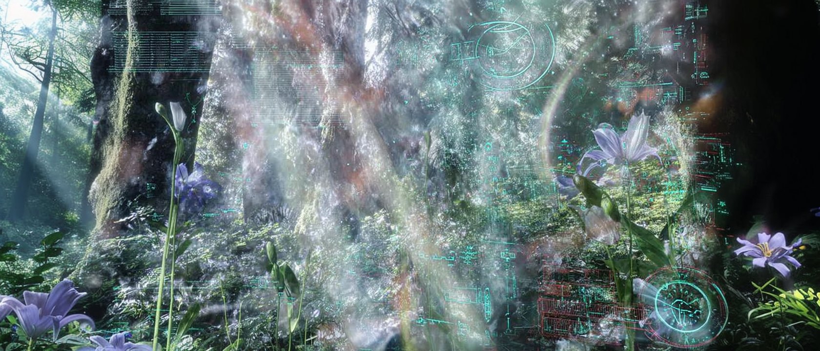 Wide dark botanical image with a glowing green center.